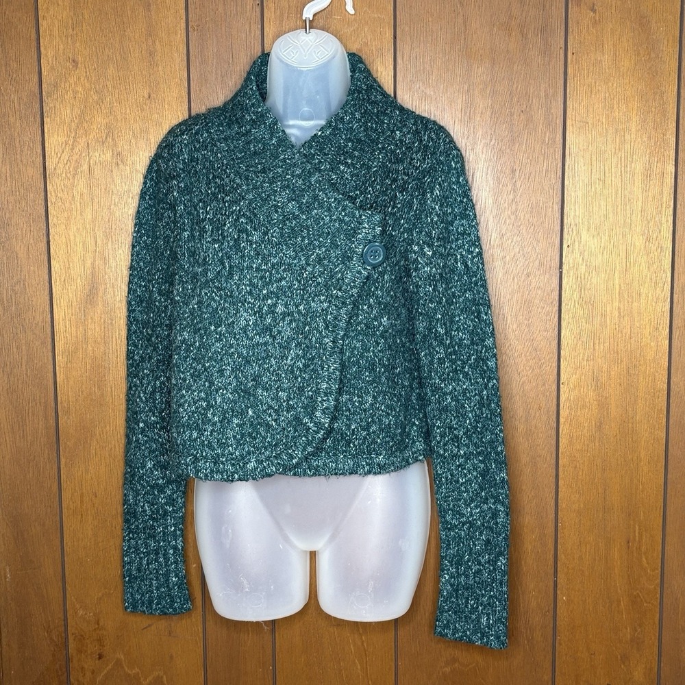 West Next Cardigan Sweater Women's M Green Marled Asymmetrical Wrap Cottagecore
